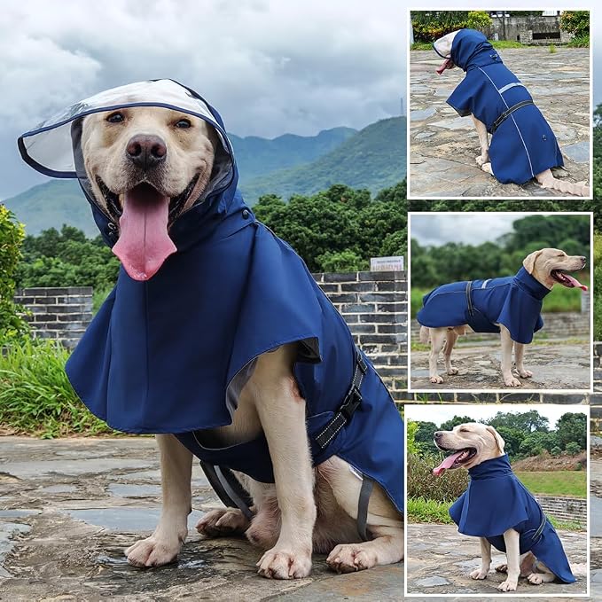 Pet Dog Raincoat Jacket Large Dog Rain Poncho with Transparent Hood, Double-Layer Structure, Adjustable, Waterproof, and Reflective, Suitable for Medium to Large (Dark Blue, L)