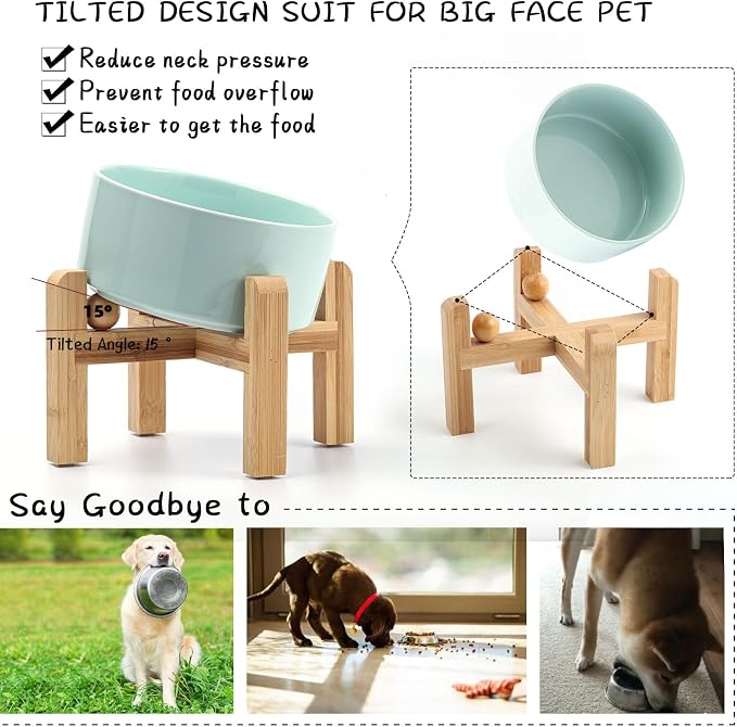 Petygooing Raised/Elevated 15°Slanted Ceramic Dog Bowl for Small Breeds,Tilted Anti Slip Pet Bowl,Food Water Dish with Stand for Cats and Small Dogs Puppy 13.5 OZ (5.1In / 1.7 Cups) Blue Sky