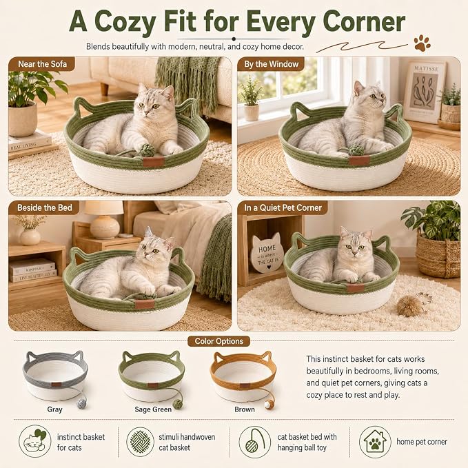 Instinct Basket for Cats - Handwoven Cotton Rope Enrichment Bed with Attached Toy Tail, Scratchable Interactive Pet Nest Features Flexible Walls to Fight Boredom & Protect Furniture (Green, L)