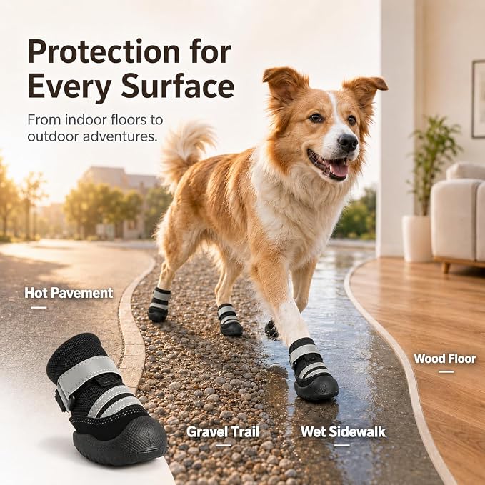 Dog Boots, Waterproof Dog Shoes with Reflective Straps, Rugged Anti-Slip Sole Paw Protectors for Medium Large Dogs, Breathable Pet Booties for Hot Pavement, Snow, Hiking, 4Pcs