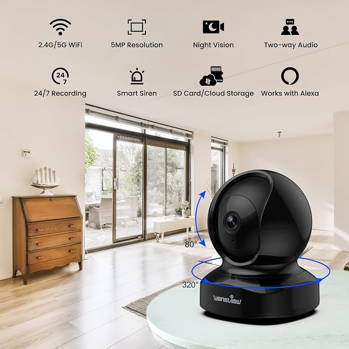 wansview Security Camera, IP Camera Dual Band 5G & 2.4G Wi-Fi, Q5 5MP Black | Home Indoor Camera for Baby/Pet/Nanny, 2 Way Audio Night Vision, Compatible with Alexa, with TF Card Slot and Cloud