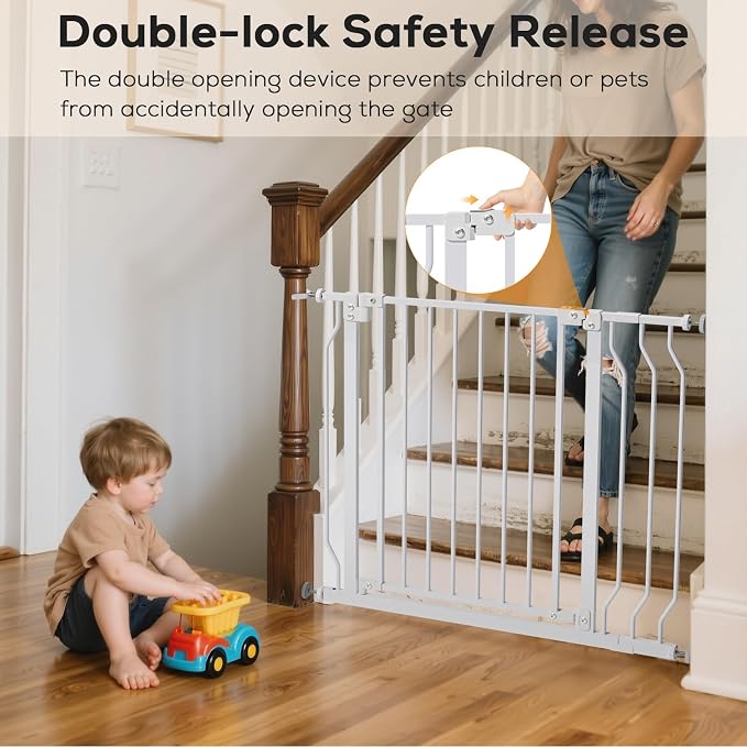 29-53" Baby Gate for Stairs, Baby Safety Essentials, Auto Close Gate for Doorways, Easy Install Pressure Mounted Dog Gate Indoor, Pet Gates for Dogs, White