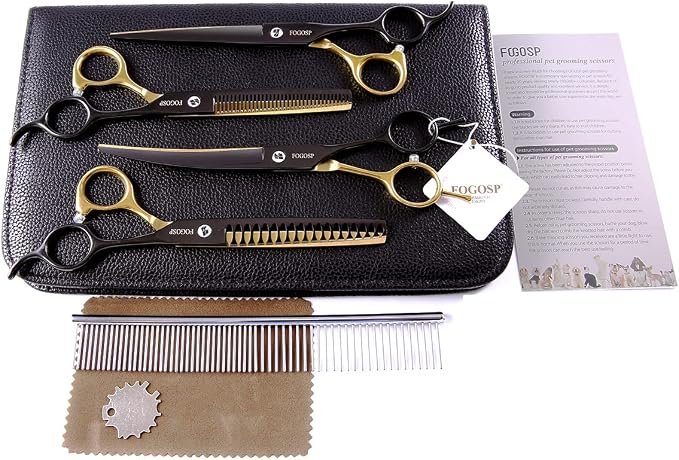 Dog Grooming Scissors Kit for Small Dogs, Black and Gold Two-Color Blender Shears Chunker Shears Curved Scissors Straight Scissors 4 pcs Set(Black&Gold,Kit)