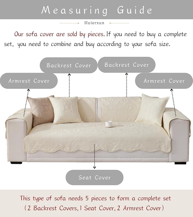 Luxury Vintage Cotton Embroidery Sofa Cover Soft Farmhouse Seat Cushion Cover Floral Quilted Sectional Couch Cover Anti-Slip Sofa Slipcovers Furniture Protector for Dogs Cats (Beige,36"x70")
