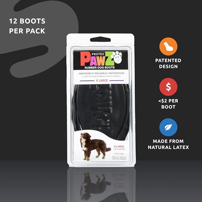 PawZ Rubber Dog Boots for Large Paws - All-Weather Waterproof Dog Shoes, Anti-Slip Traction for Rain, Snow, Mud & Hot Pavement - Pull-On Dog Booties, Black - X-Large (4" +) - Pack of 24