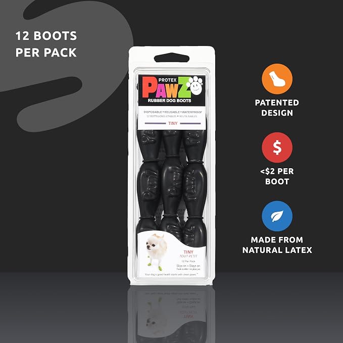 PawZ Rubber Dog Boots for Tiny Paws - All-Weather Waterproof Dog Shoes, Anti-Slip Traction for Rain, Snow, Mud & Hot Pavement - Pull-On Dog Booties, Black - Tiny (0.5" - 1") - Pack of 24