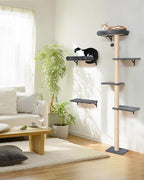 FUKUMARU Cat Wall Shelves Set, 70 inch Wall Mounted Tree, Grey | Kitten Scratching Post with Soft Cushion Perch, Space Saving Climbing Wall Furniture for 16 Inch Drywall