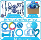 Beiker 20 Pack Puppy Chew Toys - Blue Dog Teething Toys for Puppies, Puppy Teething Rings and Ropes, Rubber Toy Bundle for Small Dogs, Cute Interactive Dog Balls for Small Breed