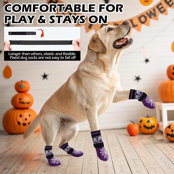 EXPAWLORER Halloween Anti Slip Dog Socks to Prevent Licking Paws, Boots & Paw Protectors with Spider Web Grippers,Doggie Booties for Hardwood Floors for Small Medium Large Senior Dogs Purple Ghost L