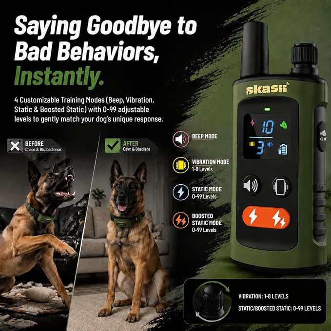 Training Collar for Dogs with Remote Control, Dark Green | 4500FT Range, IPX8 Waterproof, 5-150 Lbs, 4 Training Modes, Security Lock, Dog Training