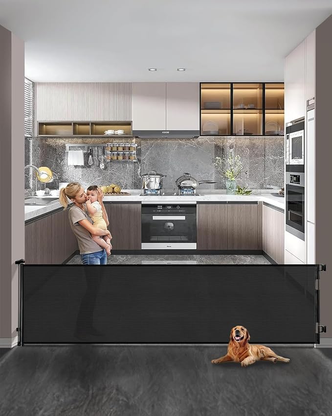 Veraste Retractable Baby Gate,Mesh Baby Extra Wide Gate,Extra Long Dog Gate,33" Tall,Large Extends up to 165" Wide,Child Safety Extra Large Gate for Doorways, Stairs, Indoor/Outdoor（Black,33"x165"）