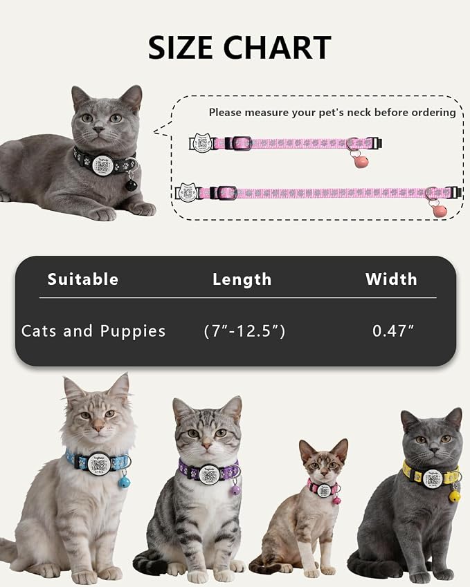 Smart Safety Cat Collar 2-Pack: Luminous Night Glow & QR Code Pet ID Tag, Breakaway Reflective Adjustable Collar (7-12.5”) for Indoor/Outdoor Cats(Blue & orenge)