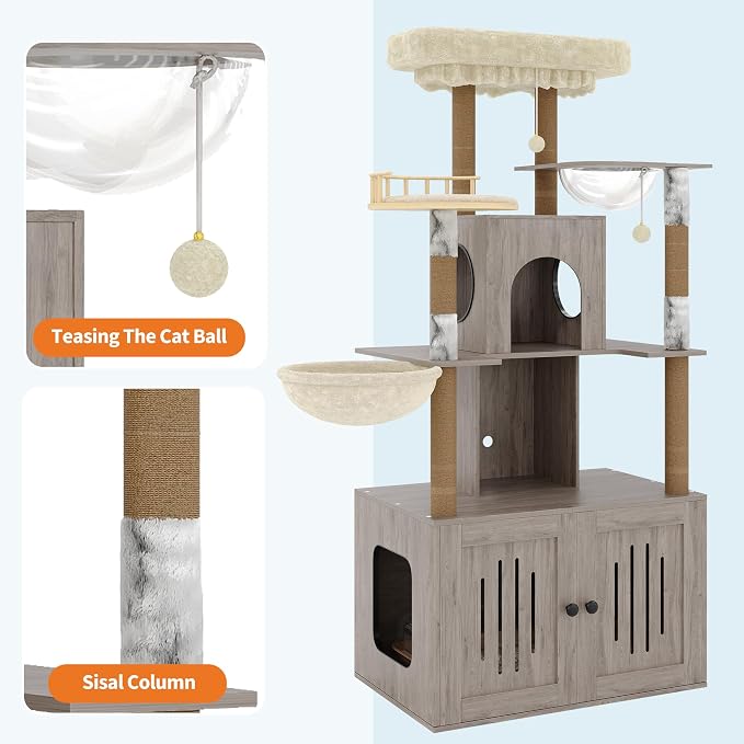 Cat Tree with Litter Box Enclosure, Multi-Level Cat Tower with Hidden Litter Box Furniture, Large Plush Top Perch, Sisal Scratching Posts, Cat Condo & Hammock for Indoor Cats, Living Room,Grey