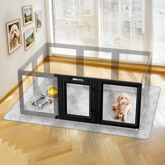 FXW AuraSpace Clear Acrylic Indoor Dog Playpen, 24" H, 2 Panels, Black | Open View, Modern Home Fit, No Climbing Bars, Tool-Free Setup, Includes 1 Gate & 1 Panel, For Puppies & Small Dogs