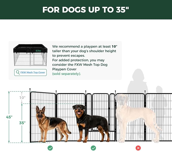 FXW Rollick Dog Playpen, Indoor, Yard & RV Camping, 45" H, 16 Panels | Easy setup, Heavy-duty, DIY layouts, for Large Dogs, Patented