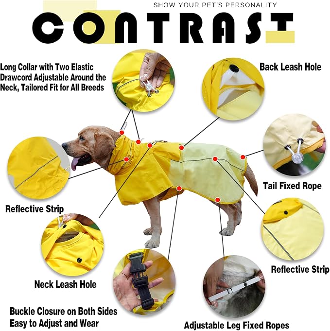 MAMORE Dog Raincoat, Waterproof Rain Jacket for Small Medium Large Dogs, Windproof Reflective Adjustable Breathable Pet Rain Coat with Storage Pocket and Leash Holes (Mineral Yellow, 2X-Large)