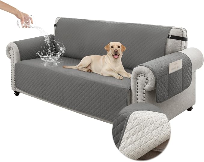 100% Waterproof Couch Cover for Dogs with Non-Slip & Side Pockets 68", Furniture Protector Sofa Covers, Washable Cushion Covers for Pets Kids Cat-3 Cushion Couch Darkgrey