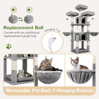 Globlazer Big Cat Tower for Indoor Cats, 68 inch Cat Tower for Multiple Adult Cats XL Cat Tree with Scratching Post, 3 Perches, 2 Condos, 2 Basket, Removable Pet Bed, F68B, Light Grey
