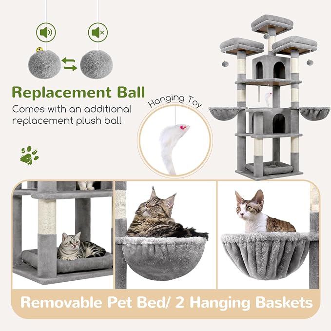 Globlazer Big Cat Tower for Indoor Cats, 68 inch Cat Tower for Multiple Adult Cats XL Cat Tree with Scratching Post, 3 Perches, 2 Condos, 2 Basket, Removable Pet Bed, F68B, Light Grey