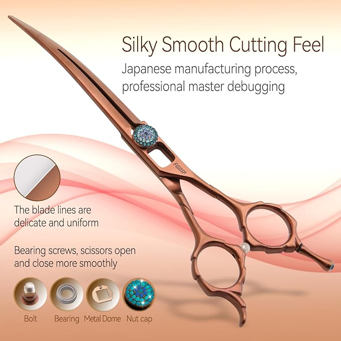 Curved Dog Grooming Scissors 7'' Downward 30° Professional Pet Grooming Trimming Shears for Dogs Suzhi Teddy High Cobalt Alloy Steel for Right Handed Groomers (7, Chocolate Curve)