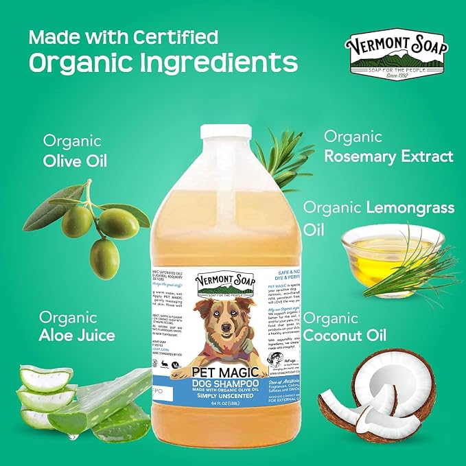 VERMONT SOAP Organic Pet Shampoo, Unscented Natural Dog Shampoo, 64 oz | Unscented organic olive oil, coconut & aloe vera, sensitive skin care, USDA Certified grooming, fragrance free, dog shampoo
