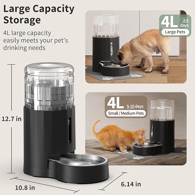 JUNSPOW Cat Water Dispenser with Placemat & Stainless Steel Bowl (4L Black) | Automatic Gravity Water Dispenser for Cats or Small Medium Size Dogs, Large Capacity, Easy to Clean