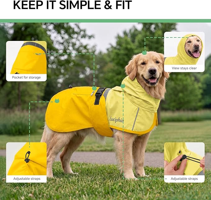 Luciphia Dog Raincoat, Adjustable Hooded Reflective Jacket with Pocket | Yellow small dog rain jacket with leash hole, buckle-on, non-stick fur. For daily walks.