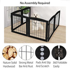 LZRS 6-Panel Extra Wide Wooden Freestanding Dog Gate: Foldable Solid Wood and Steel Wire Chew Resistant Safety Barrier for Doorways, Stairs, and Open Long Spaces Indoor Use,Dark Black
