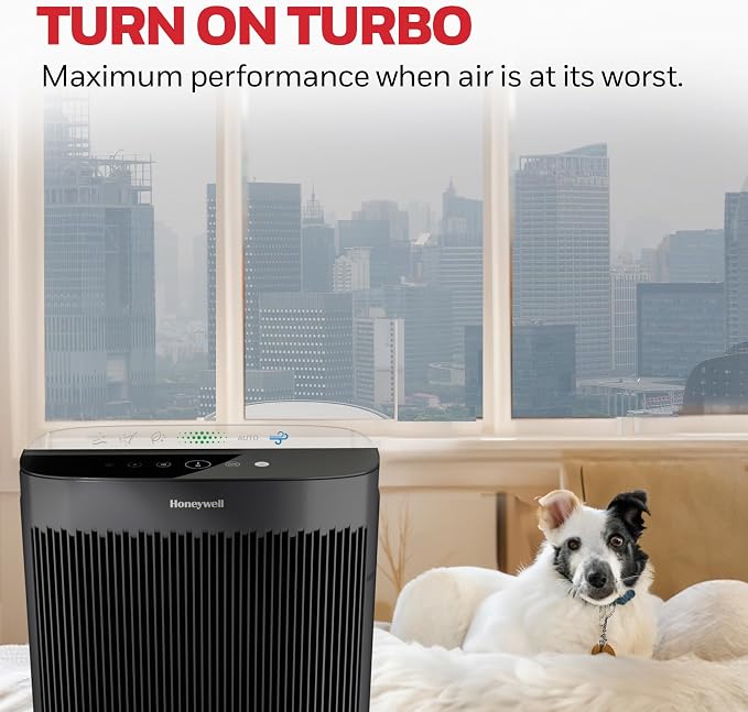 Honeywell HEPA Air Purifier for Home and Extra Large 2423 Ft² Rooms, Black | Powerful HEPA Filtration, Air Quality Monitor, Turbo and Auto Mode, Reduces Allergens, Dust, Pollen, Pet Dander, Odors, Smoke