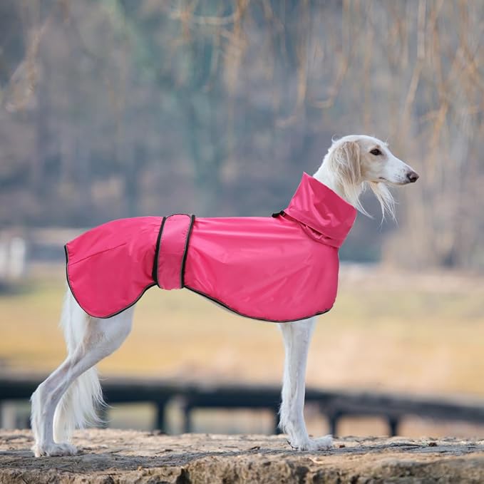 Greyhound Whippet Raincoat Waterproof with Reflective Stripe high Neck fit for Italian Greyhounds Whippets Long Back Breeds - Pink - XL
