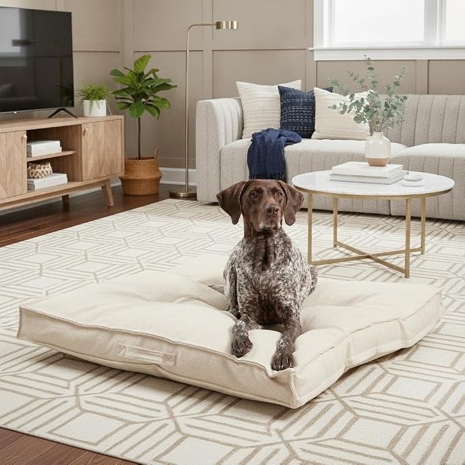 Indoor Dog Bed with Removable Washable Cover, Soft Basketweave Fabric, Reversible Cushion, Carry Handle, Baffle Construction to Help Prevent Fill Shifting, Cream - Large (40"x40")