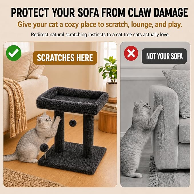 Small Cat Tree with Large Top Perch for Indoor Cats, Grey | Carpeted Scratching Post | Soft Plush Bed | Furniture Protecter | Small Cat Tower | Replacement Toy Balls | Space-Saving