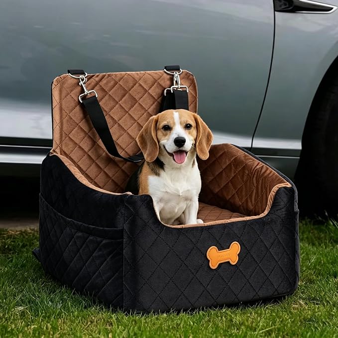 Dog Car Seat for Small Dogs, Dog Booster Seat Filling in Thick Memory Foam with 2 Safety Leashes and Storage Pocket, Suitable for Pet Under 30lb or 2 Puppies (Brown/Black)