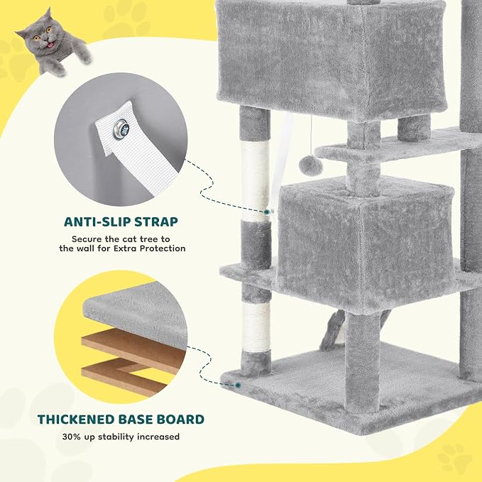 DUMOS 54 Inch Cat Tree Tower with Scratching Post, Light Grey | Indoor Multi-Level Pet House for Large Cats with 2 Condos, Round Platform, Small Ladder, and Toys