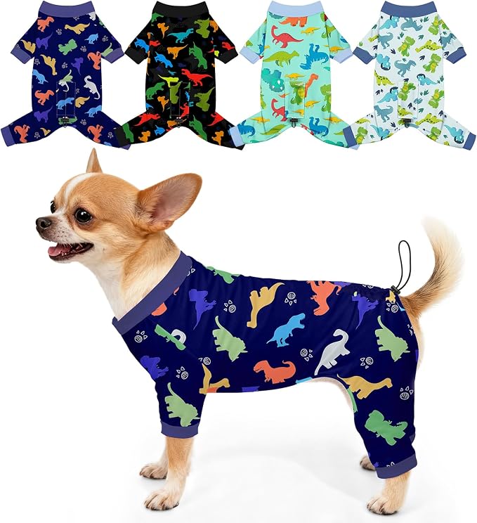 Bienbee Dog Pajamas, 4 Pack Adjustable Onesies for Small to Large Dogs S | Dog Shedding Suit with Soft Fabric, Breathable & Stretchy, and Adjustable Back Length for Sleeping Lounging and Daily Use