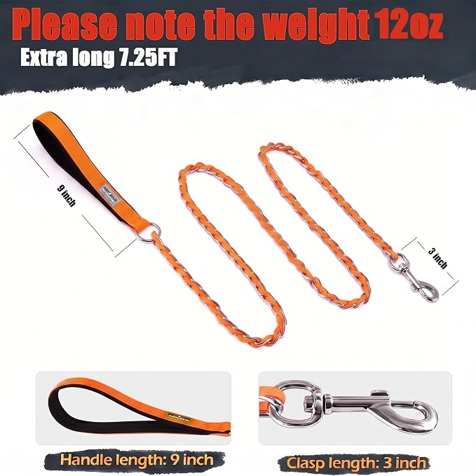 S-ETOVUS-Chain Dog Leash, Bite-Proof Metal Leash, with Padded Handle | Three Sizes 7.25FT/5.2FT/4FT, Woven From Nylon Rope And Chain, Durable And Bite-Resistant, Comfortable With Padded Handles