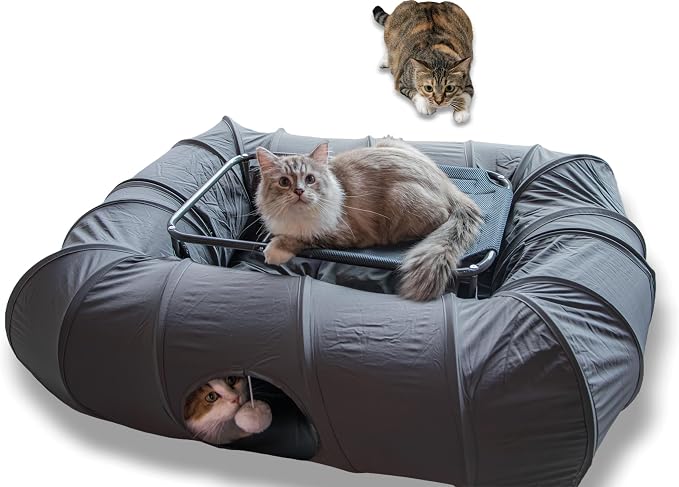 XxingSheep 2-Tier Cat Tunnel & Hammock Bed XXL, 4 Cave Shuttle with Elevated for Multiple Cats Toy Dark Grey