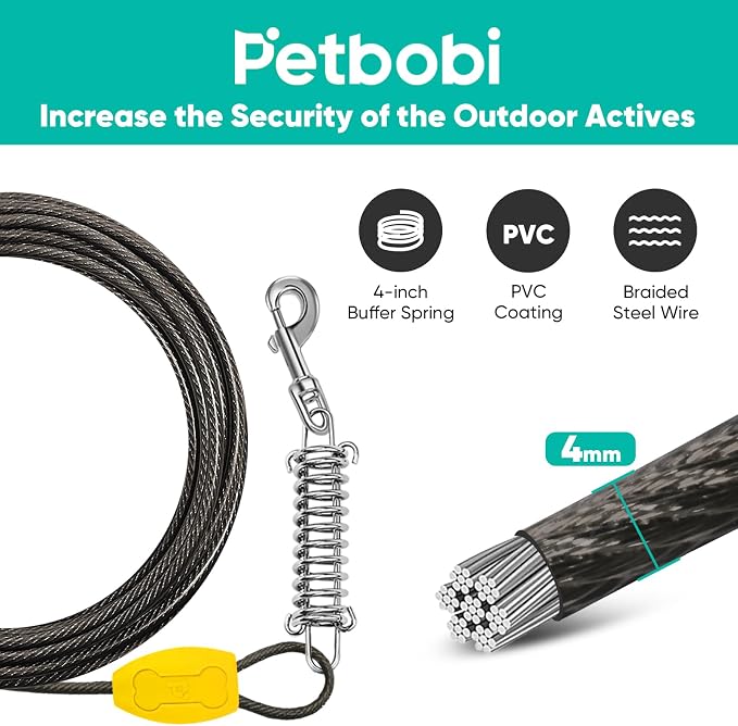 Petbobi Dog Tie Out Cable and Stake, 20ft Heavy Duty Dog Leads for Yard | 4in Shock Spring, 16in Spiral Ground Anchor, 360° No-Tangle Swivel, Chew-Proof Rustproof Wire, Up to 120 lbs, Outdoor Camping