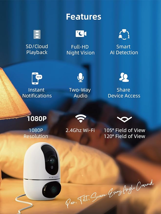 VIRTAVO Pet Camera Indoor No Subscription 4 Pack, for Dog Cat Baby | Dual Lens Dual View, 360° PTZ, Auto Motion Tracking, 2-Way Audio, Night Vision, Phone App, SD & Cloud, Wired