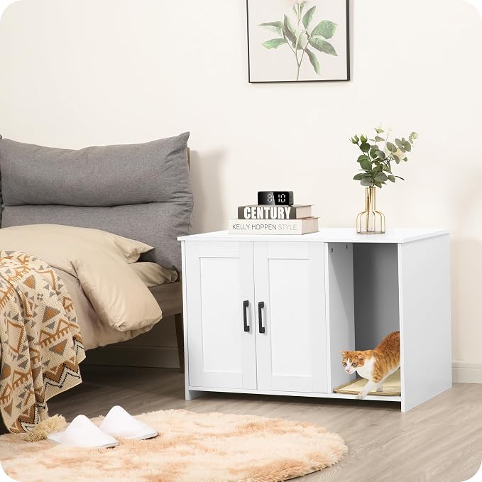 Dwanton Litter Box Enclosure, Cat Litter Box Furniture Hidden, with Scratching Mat, Wooden Cat Washroom Indoor, 31.5" L x 19.7" W x 21.7" H, White