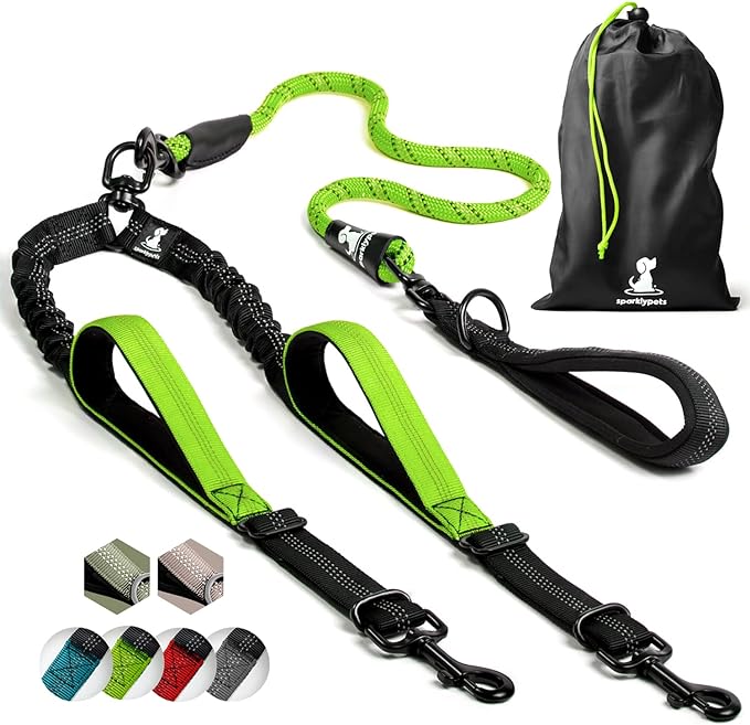 SparklyPets Double Dog Leash for 2 Dogs – Rope Bungee Dual Leash for Medium and Large Breeds with Padded Handles & Tangle Free (Green, Medium/Large)