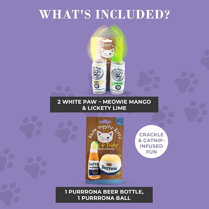 Haute Diggity Kitty White Paw + Purrrona Bottle & Ball, Soft Plush Cat Toys | 4 Pack Catnip Toys with Interactive Crackle & Feathers, Safe & Durable Cat Nip Kicker Toy for Outdoor & Indoor Cats & Kitten