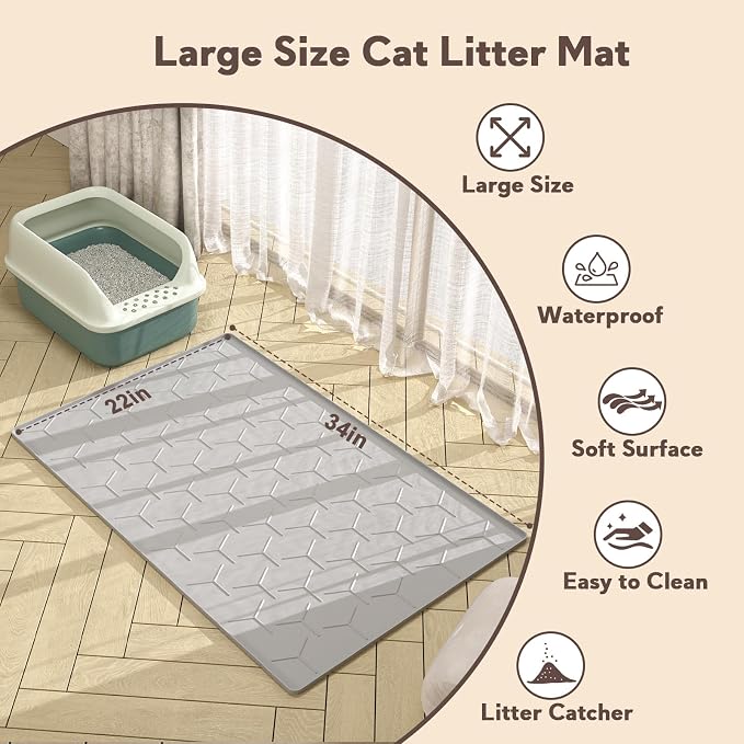 Garoopion Silicone Cat Litter Mat 34×22 inch, Easy to Clean, Gray | Waterproof Silicone Mat with Raised Edges, Catch Litter, Protect Floor from Urine, Multi-Use for Dog/Sink/Kitchen/Boots