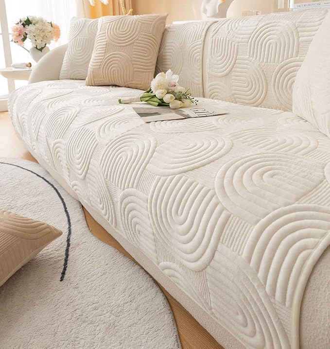 Soft Plush Geometric Quilted Couch Sofa Cover Boho Non Slip Fuzzy Sectional Couch Cover Solid Color Washable Sofa Slipcover Furniture Protector for Kids Dogs Cats (Ivory,43"x94")