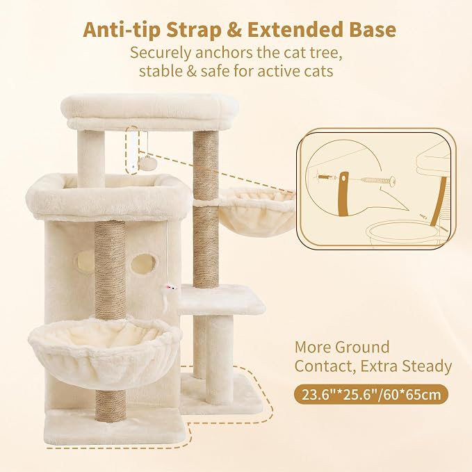 Heybly Cat Tree with Reinforced Big Base, 41.3 in Sturdy Cat Tower HCT075MJ | Indoor Cat Furniture Featuring 2 Roomy Platforms, Double Condos, 2 Cozy Baskets, Full Sisal Scratching Posts, Beige
