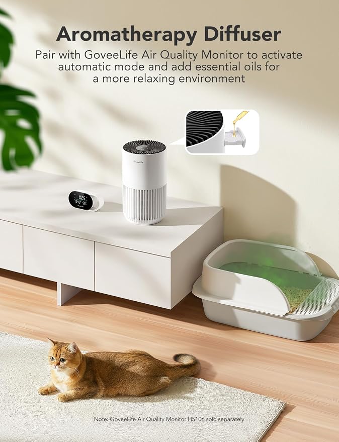 GoveeLife Smart Mini Air Purifier for Bedroom, with App & Alexa Control | HEPA Filter, Portable Air Cleaner with 3 Speeds, 2 Modes, Aroma for Pet Hair, Odors, Pollen, Home, White
