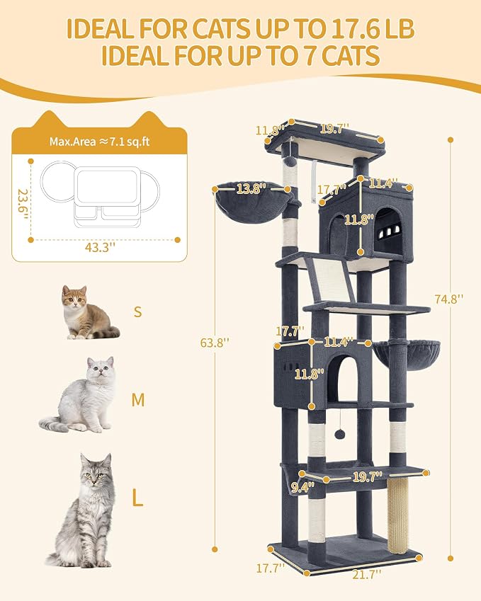 Hzuaneri Big Cat Tree, 75 Inch Tall Multi-Level Cat Tower, Indoor Larger Cat Condo Furniture with 5 Scratching Post, 2 Hanging Basket, 2 Condo, 2 Large Platform, Pet Play House, Dark Grey MS19018SG | Cat Condo Furniture with 5 Scratching Post, 2 Hangin...
