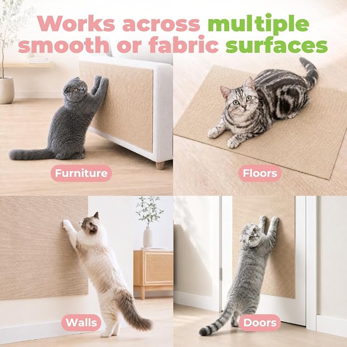 Catify Peel & Stick Cat Scratching Mat - Beige, L:78" | 78" x 15", Self-Adhesive Scratch Carpet, Furniture Protector for Couch, Sofa, Wall & Door, Indoor Kittens & Cats