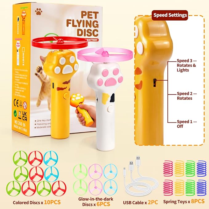 BABORUI Cat Toy Disc Launcher, Rechargeable Interactive Cat Fetch Toy Launcher with 16 Flying Discs, Flying Enrichment Toys for Indoor Bored Kittens & Adult Cats (Yellow+White)