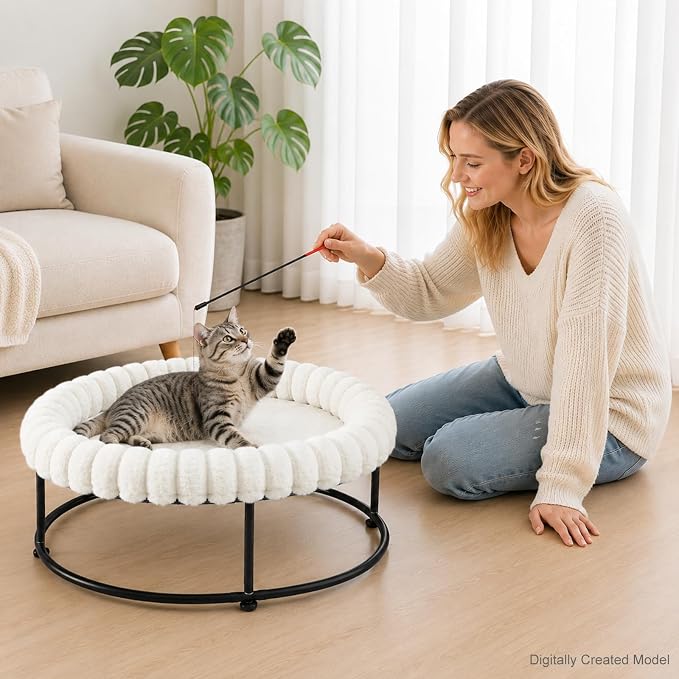 Sunhoo Elevated Cat Bed for Indoor Cats Raised Kitten Hammock Large High Puppy Cot Off Floor Self-Supporting Small Pet Chair with Metal Frame Washable Cushion Easy Assembly 23 * 17 * 8.3 in (White)